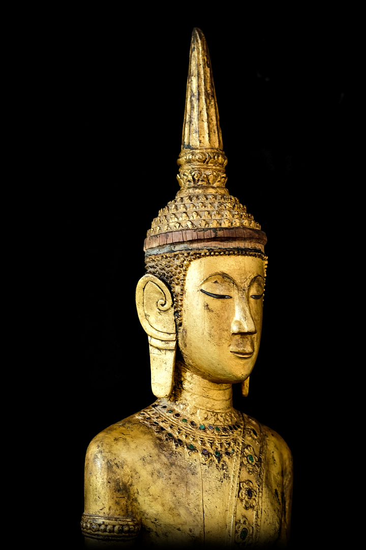 Extremely Rare 18C Wood Standing Laos Buddha CH210
